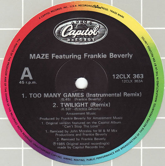 Maze Featuring Frankie Beverly : Too Many Games / Twilight / Back In Stride (The Instrumental Remixes) (12